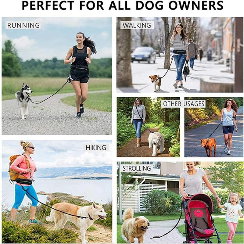 Hands-Free Dog Leash with Shock Absorbing Bungee – Adjustable Pet Walking Belt with Phone Pocket & Water Bottle Holder