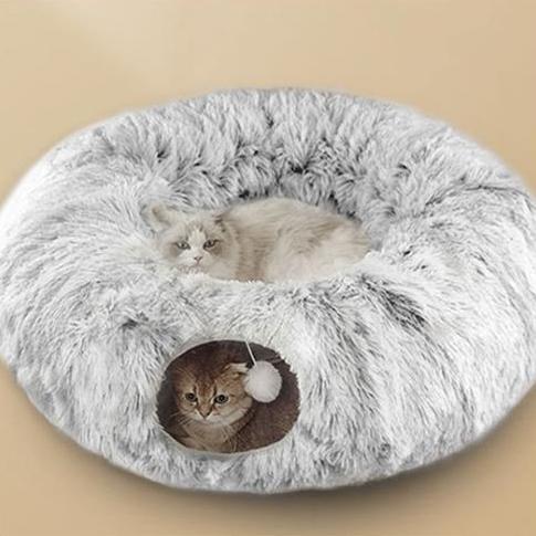 Multifunctional Plush Cat Bed with Tunnel & Peephole