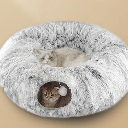 Multifunctional Plush Cat Bed with Tunnel & Peephole