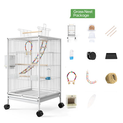 Parrot Bird Cage with Feeder, Toy, and Grass Nest