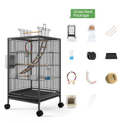 Parrot Bird Cage with Feeder, Toy, and Grass Nest