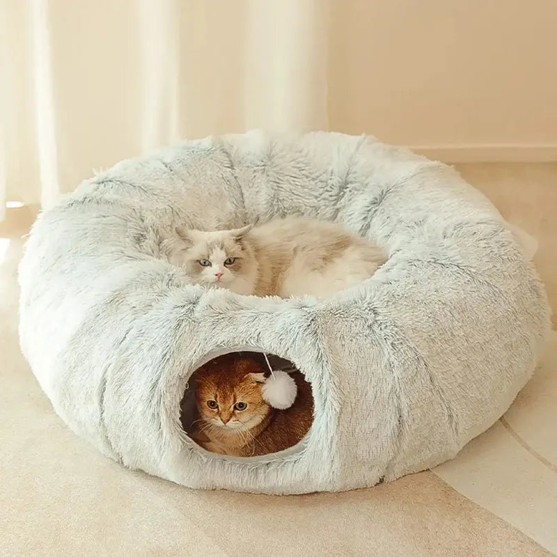 Plush Cat Bed with Tunnel for Indoor Cats, Multifunctional Cat Tunnel Bed with Peephole, Fluffy Donut Cat Bed with Tunnel