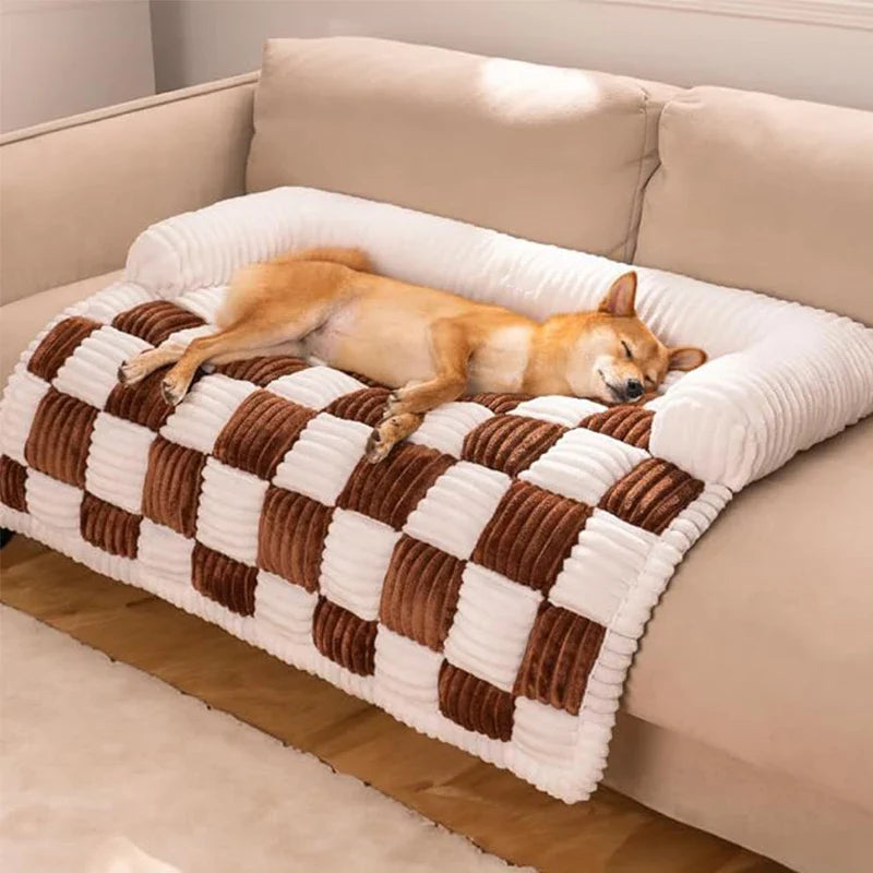 Pet Couch Covers for Sofa – Fuzzy Cream Square Plaid Dog Couch Cover | Cozy Furniture Protector