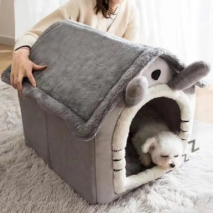 Cute Dog House Bed with Removable Cushion - Soft Coral Fleece Pet Bed for Dogs & Cats, All-Season, Lightweight & Breathable