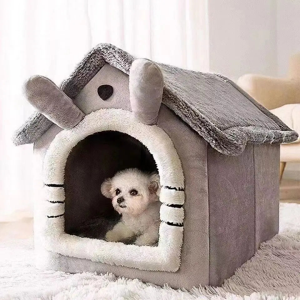 Cute Dog House Bed with Removable Cushion - Soft Coral Fleece Pet Bed for Dogs & Cats, All-Season, Lightweight & Breathable