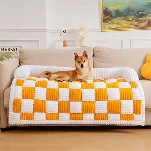 Pet Couch Covers for Sofa – Fuzzy Cream Square Plaid Dog Couch Cover | Cozy Furniture Protector