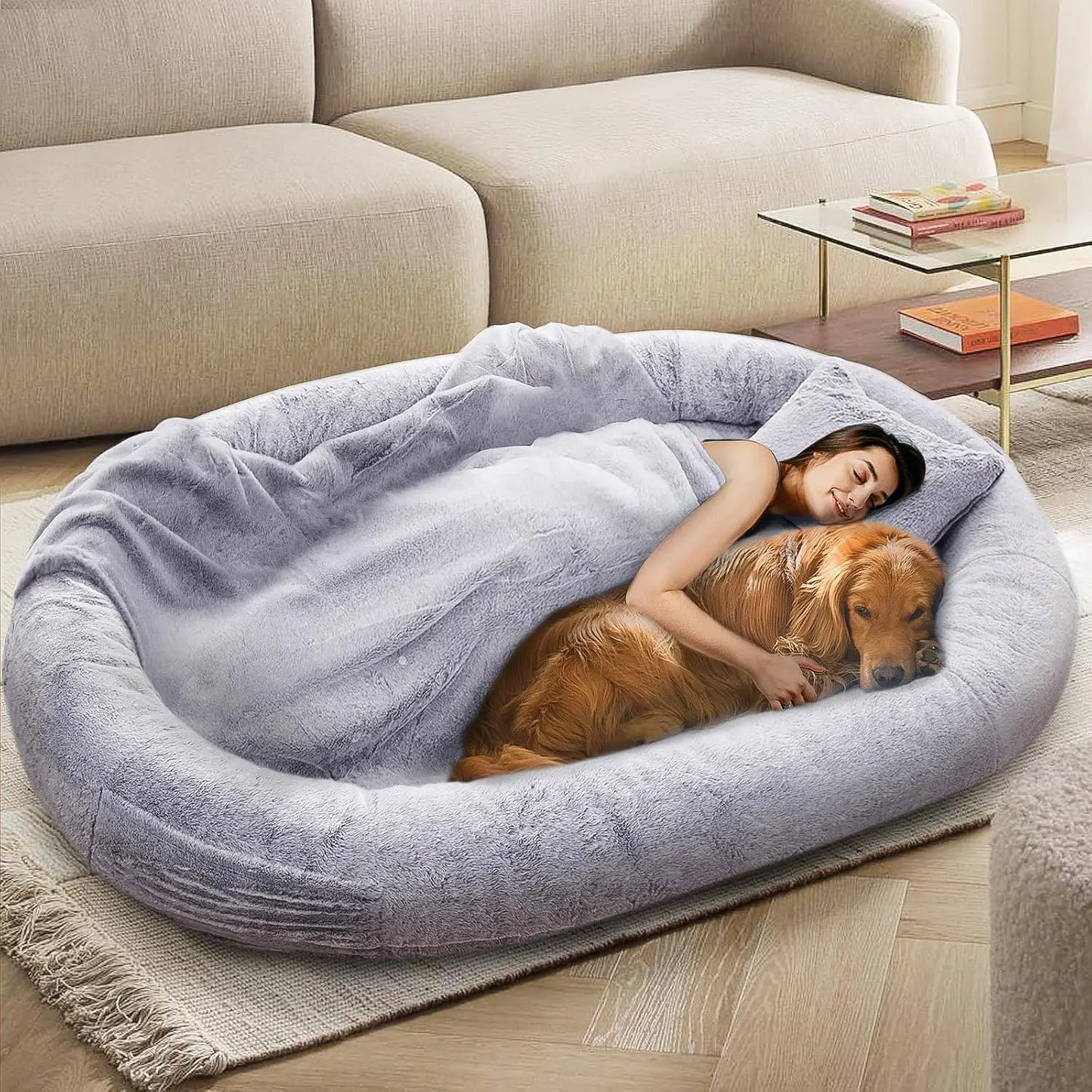 NESTROAD Human Dog Bed - 71"x45"x14" Extra-Large Dog Bed for Adults & Pets, Washable Faux Fur Dog Bean Bag Bed