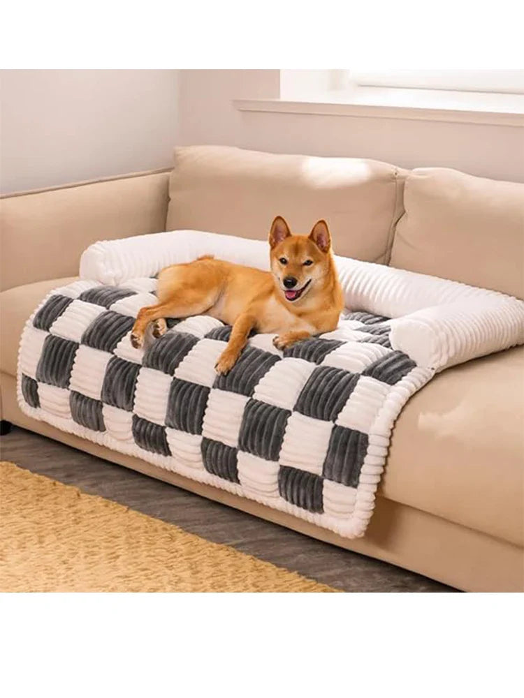 Pet Couch Covers for Sofa – Fuzzy Cream Square Plaid Dog Couch Cover | Cozy Furniture Protector