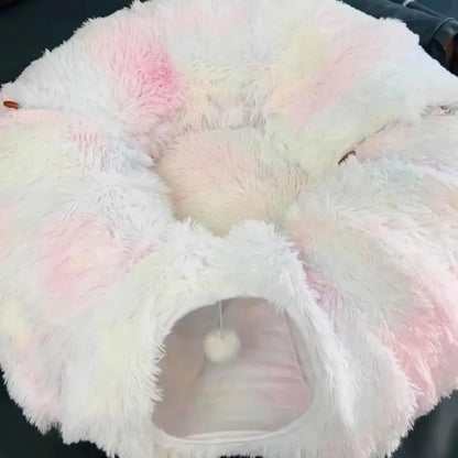 Plush Cat Bed with Tunnel for Indoor Cats, Multifunctional Cat Tunnel Bed with Peephole, Fluffy Donut Cat Bed with Tunnel