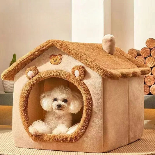 Cute Dog House Bed with Removable Cushion - Soft Coral Fleece Pet Bed for Dogs & Cats, All-Season, Lightweight & Breathable