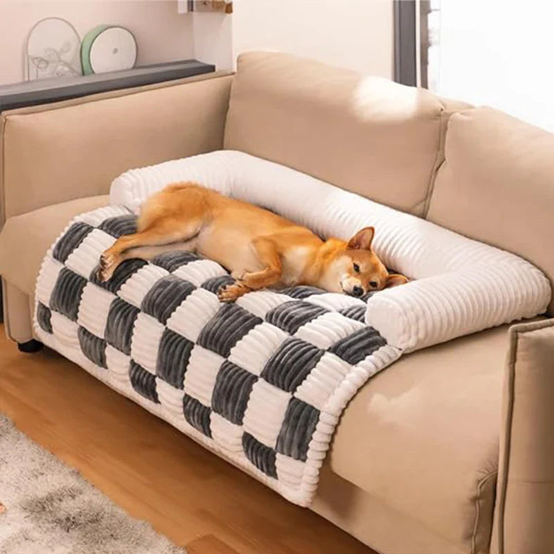 Pet Couch Covers for Sofa – Fuzzy Cream Square Plaid Dog Couch Cover | Cozy Furniture Protector