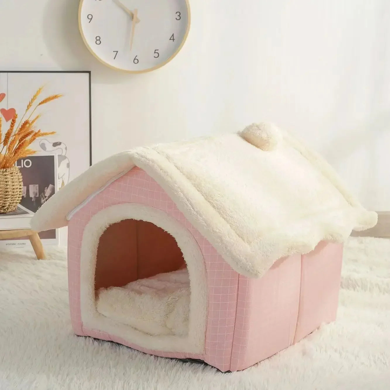 Cute Dog House Bed with Removable Cushion - Soft Coral Fleece Pet Bed for Dogs & Cats, All-Season, Lightweight & Breathable